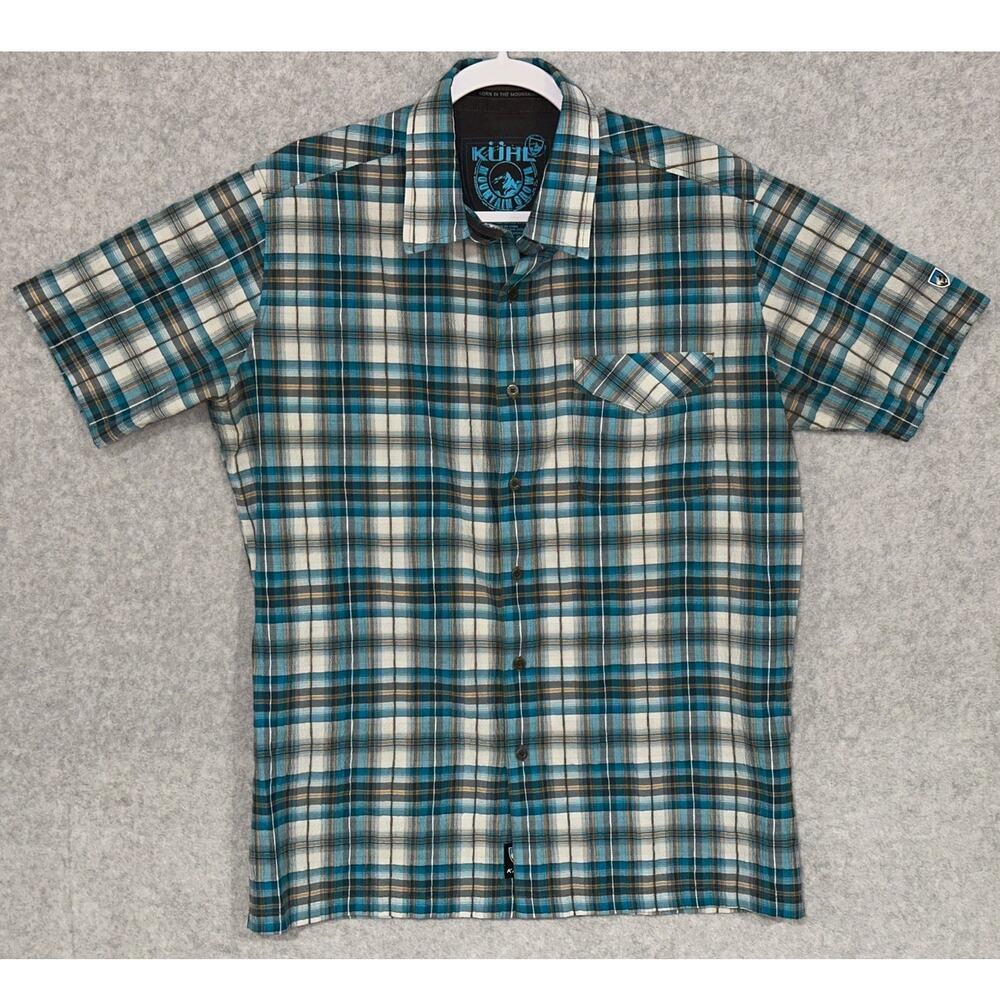 Kuhl Men's Sz M Stallion Seersucker Plaid Button Up Short Sleeve‎ Shirt Outdoors